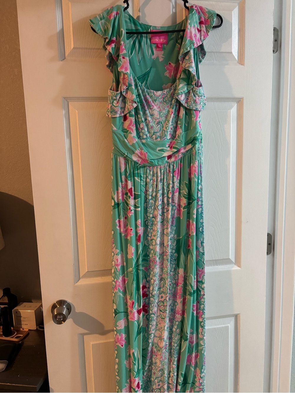 Lilly Pulitzer Mint Green Floral Maxi Dress with Pink Accents